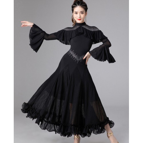 Black with red gemstones competition latin ballroom dance dress for women girls salsa waltz tango foxtrot smooth dance long dress for female